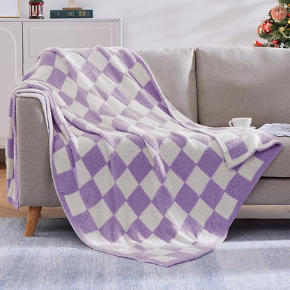 WRENSONGE Checkered Throw Blanket, Purple Soft Cozy Fluffy Warm Hand Made Throw Blankets for Couch, Sofa, Chair, Bed, Camping, Picnic, Travel Lightweight Bed Blanket - 60"*80"