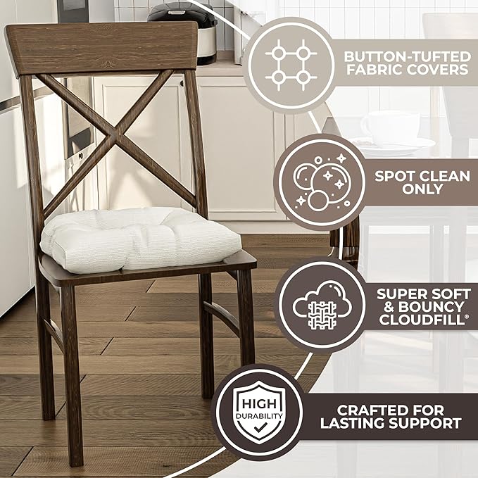 Klear Vu Gripper Overstuffed Universal Non-Slip Dining Chair Cushions for Kitchen Decor or Office Use, U-Shaped Skid-Proof Seat Pad, 17x17 Inches, 2 Count (Pack of 1), Solid Ivory