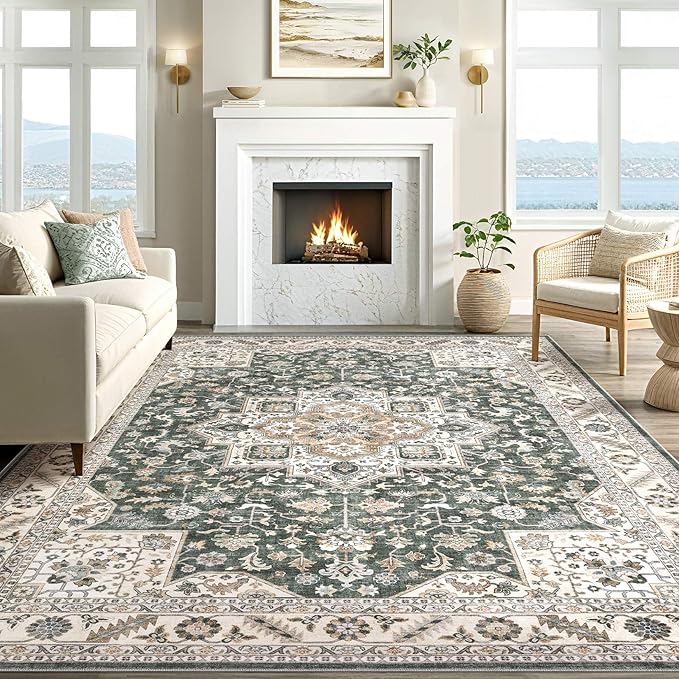 Vintage Living Room Area Rug 8x10 - Large Soft Washable Oriental Traditional Distressed Farmhouse Rugs for Bedroom - Indoor Floor Accent Carpet for Home Office House Decor - Vintage Green