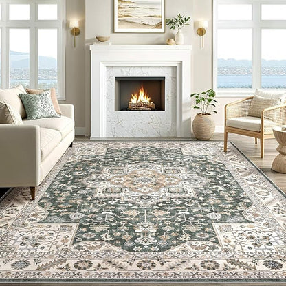 Vintage Living Room Area Rug 8x10 - Large Soft Washable Oriental Traditional Distressed Farmhouse Rugs for Bedroom - Indoor Floor Accent Carpet for Home Office House Decor - Vintage Green
