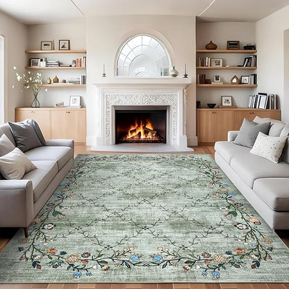GarveeHome 8x10 Washable Floral Area Rugs for Living Room: Modern Floral Non Slip Large Area Rugs for Bedroom, Large Machine Washable Living Room Low Pile Carpet with Non-Slip Backing Green 8'x10'.
