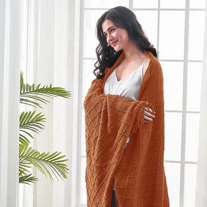 inhand Knitted Throw Blankets for Couch and Bed, Soft Cozy Knit Blanket with Tassel, Orange Rust Lightweight Decorative Blankets and Throws, Farmhouse Warm Woven Blanket for Men and Women, 60"x80"