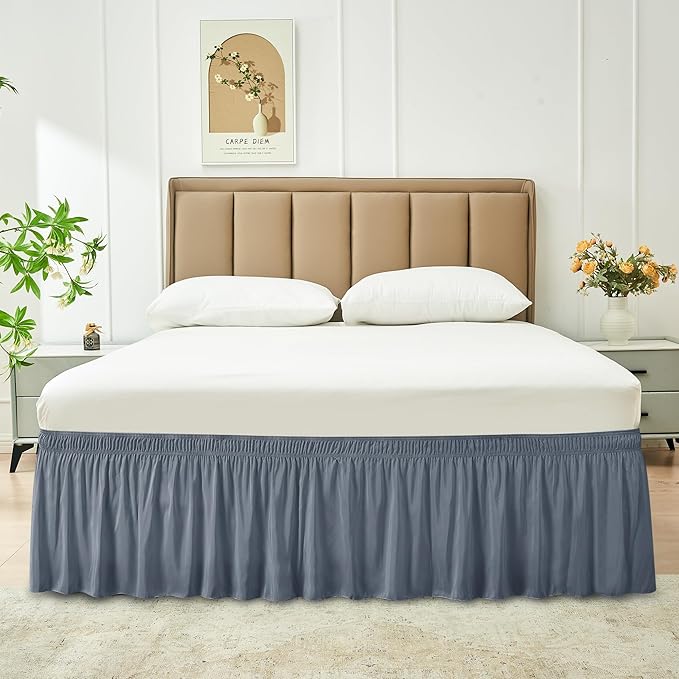 Biscaynebay Wrap Around Bed Skirts for Queen Beds 14" Drop, Dark Grey Adjustable Elastic Dust Ruffles Easy Fit Wrinkle & Fade Resistant Silky Luxurious Fabric Solid Machine Washable