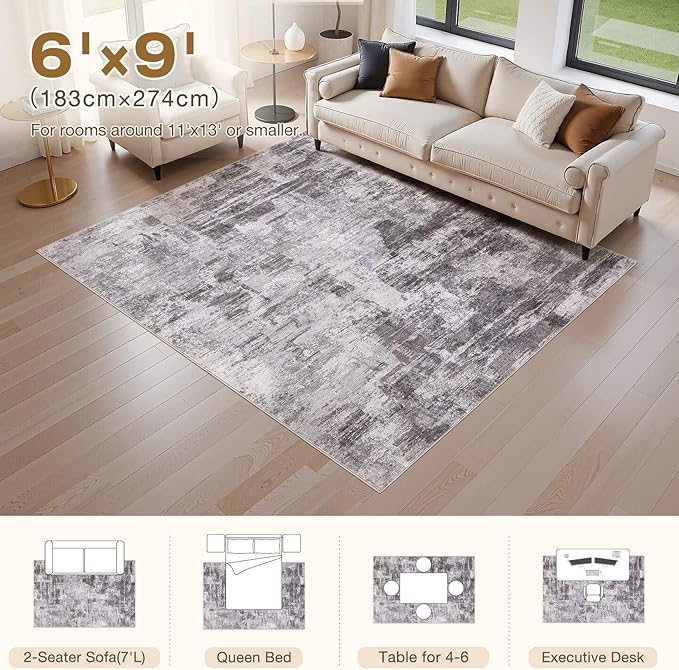 Abstract Living Room Rug 6x9 - Modern Washable Soft Thin Area Rug for Living Room Bedroom Under Dining Table - Neutral Indoor Floor Rug Carpets for Home Office Playroom Nursery - Grey