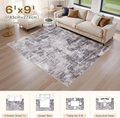 Abstract Living Room Rug 6x9 - Modern Washable Soft Thin Area Rug for Living Room Bedroom Under Dining Table - Neutral Indoor Floor Rug Carpets for Home Office Playroom Nursery - Grey
