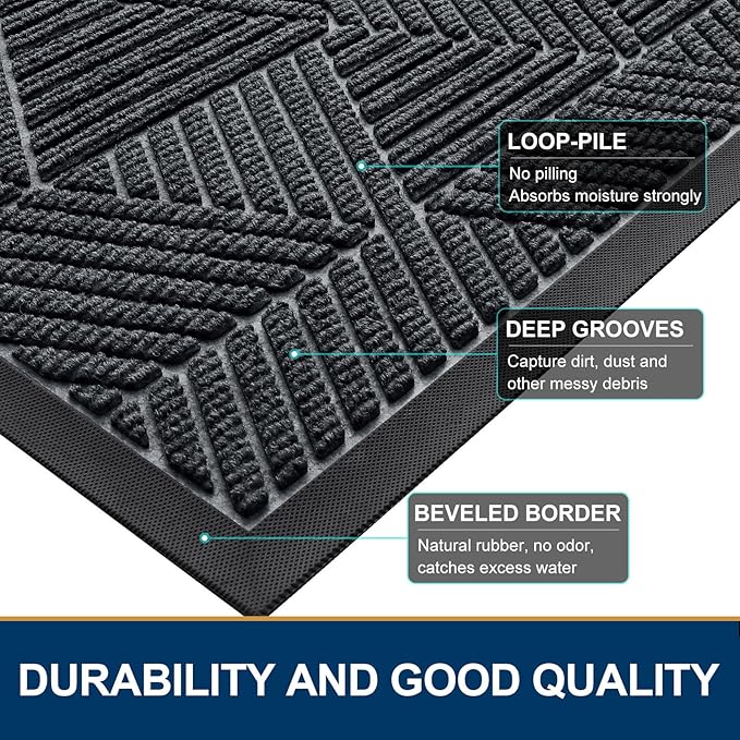 Smiry Front Door Mat Outside Entrance, Heavy Duty Sturdy Natural Rubber Doormat, Trap Dirt and Moisture, Easy Clean Low Profile Mats for Indoor Outdoor Entry, Irregular Triangle (59x35, Grey)