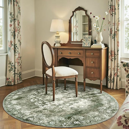 jinchan Round Rug 6ft Area Rug - Green Vintage Floor Mat Kitchen Indoor - Washable Circle 6' Thin Floral Print Christmas Carpet Retro Farmhouse Non Slip Dining Room Living Room Bedroom Office