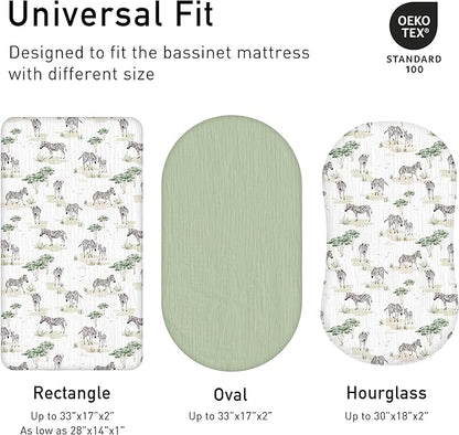 Muslin Bassinet Fitted Sheets, 2 Pack for Baby Boy and Girl, Soft Breathable Baby Pad/Mattress Sheet, Fit for Hourglass Oval and Rectangle Bassinet Mattress (Cute Zebra)