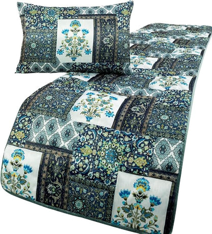 The HomeCentric King/Queen/Twin Blue Designer Queen 74"x18" Bed Runner with 2 Pillow Cover, Perrsian Pattern & Quilted Bed Scarf on Satin Fabric - Bahar