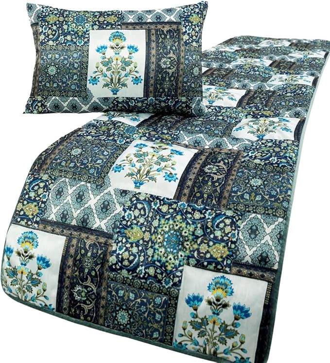 The HomeCentric King/Queen/Twin Blue Designer King 90"x18" Bed Runner Without Pillow Cover, Perrsian Pattern & Quilted Bed Scarf on Satin Fabric - Bahar
