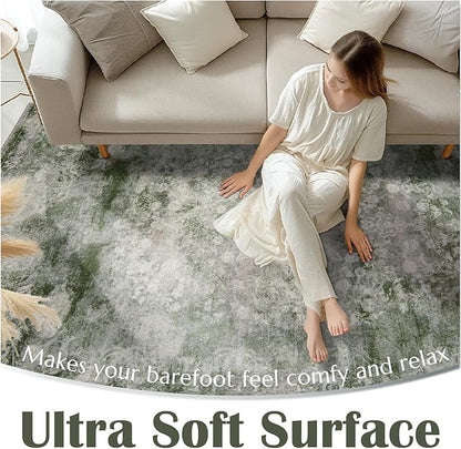 jinchan Washable Area Rug 8x10 for Living Room - Soft Faux Wool Ultra-Thin Stain Resistant Non-Slip Distressed Vintage Floral Large Christmas Carpet for Bedroom Home Office, Nursery(Green, 8'x10')