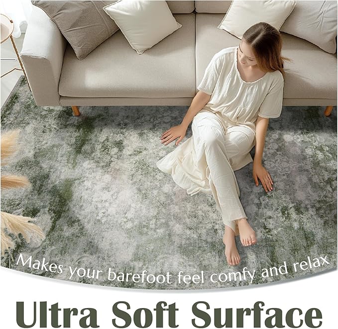 jinchan Washable Area Rug 6x9 for Living Room - Soft Faux Wool Ultra-Thin Stain Resistant Non-Slip Distressed Vintage Floral Rug Large Christmas Carpet for Bedroom Home Office, Nursery(Green, 6'x9')