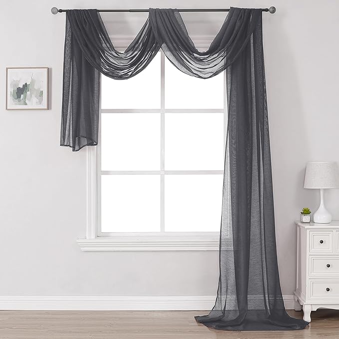 DONREN Dark Grey Window Scarf for Outdoor Decoration - Add Luxury Beautiful Elegant Effect to Curtain Panels (1 Panel, 52 x 216 Inches Long)