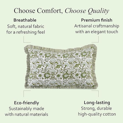 CPC Agate Green 100% Cotton Block Print Ruffle Sham Cover 20X30 inch Pack of 2, Handmade Boho Floral Pillowcase, Soft Decorative Queen Bed Pillow Cover for Bedroom Décor