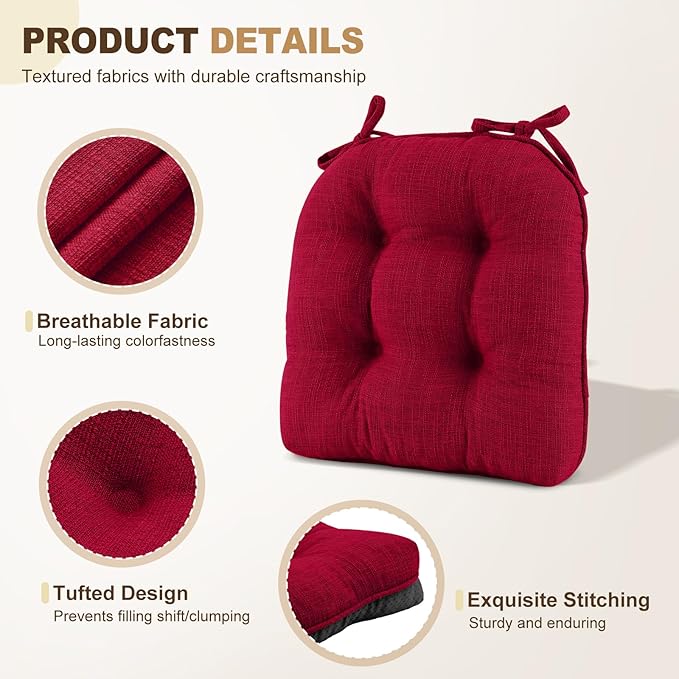 downluxe Indoor Chair Cushions for Dining Chairs, Tufted Overstuffed Textured Foam Kitchen Chair Pads with Ties and Non-Slip Backing, 15.5" x 15.5" x 4", Red, 6 Pack