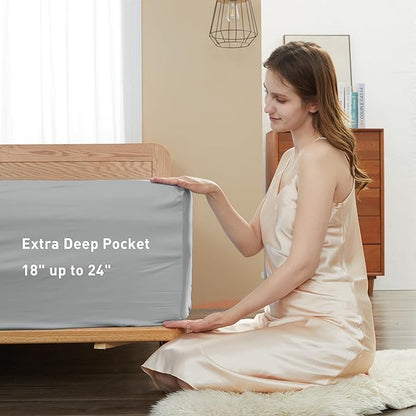 Sunflower Queen Fitted Sheet, 1-Piece Extra Deep Pocket Fitted Bottom Sheet 22", 100% Cotton Sateen Soft Breathable, Silver Gray