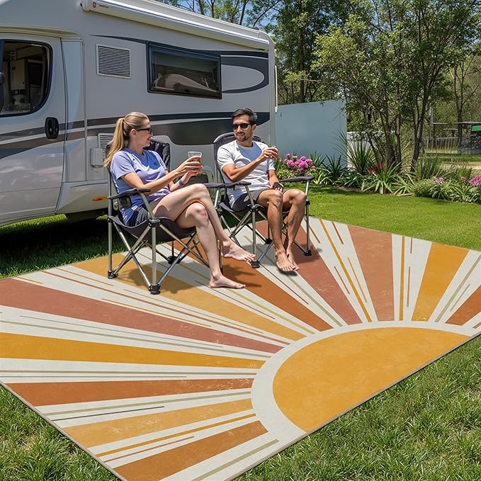 Outdoor Indoor Area Rug Boho Sun Washable Outdoor 8x10 Patio Rugs Medieval Aesthetic Vintage Abstract Art Non-Slip Carpet for Living Room, Patio, Porch, Pool Deck (8x10)