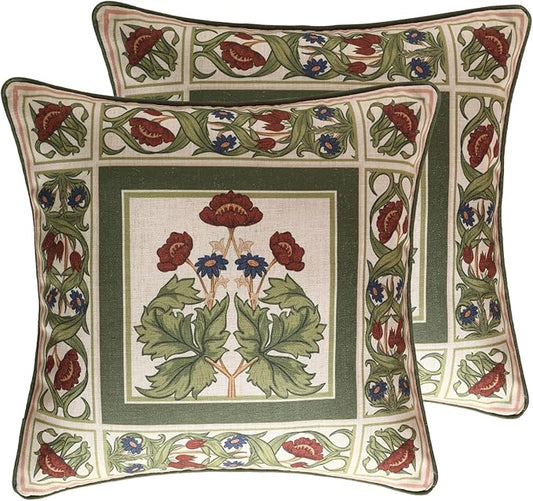 ISAENNE Design Linen Square Throw Pillow Covers 18"x18" Pack of 2, Yellow Green French Cushion Covers with Red Rose Floral Pattern Decoration Pillowcases for Bed, Living Room, Outdoor, Car