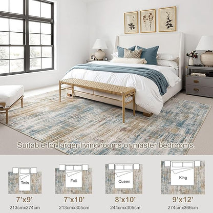 Area Rug for Living Room: 7x9 Washable Neutral Abstract Modern Soft Rugs Non Slip Indoor Floor Stain Resistant Large Carpet for Bedroom Dining Room Office Nursery - Blue Brown