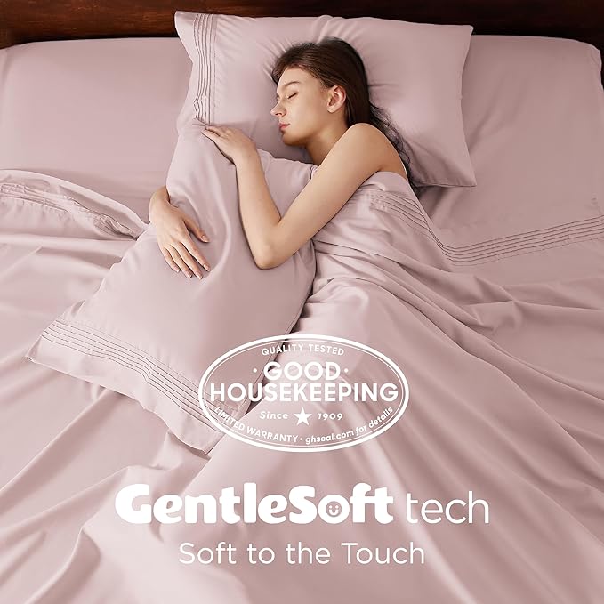 Bedsure Deep Pocket Queen Sheets Set - Fits Mattresses Up to 21 Inches Thick - 4 Piece GentleSoft Bed Sheets, Moisture Wicking, Soft & Cooling Bedsheet & Pillowcases, Easy & Secure Fit, Blush Pink