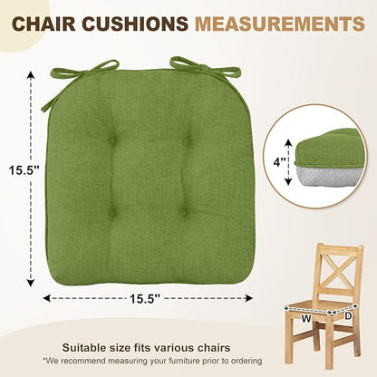 downluxe Indoor Chair Cushions for Dining Chairs, Tufted Overstuffed Textured Foam Kitchen Chair Pads with Ties and Non-Slip Backing, 15.5" x 15.5" x 4", Grass Green, 4 Pack