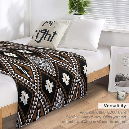 Rustic Western Throw Blanket, Southwestern Bohemian Ethnic Style Native Aztec Pattern Flannel Blanket for Sofa Bed, All Seasons 40"x50"