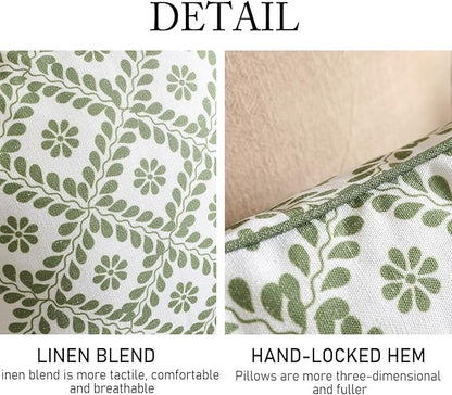 ISAENNE Design Fresh Linen Square Throw Pillow Covers 18"x18" Pack of 2, French White Cottage Cushion Covers with Green Branches Pattern Decoration Pillowcases for Bed,Living Room,Outdoor,Car