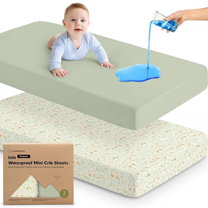 2-Pack Waterproof Pack and Play Sheets, Mini Crib Sheets Fitted for Boy, Girl - 38 x 26 Viscose from Bamboo Pack N Play Mattress Sheets for Graco, Toddler Playard Baby Crib Sheets Neutral (Foxtrot)