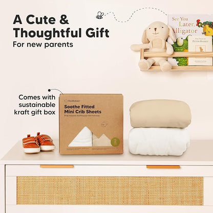 2-Pack Mini Crib Sheets Fitted - 38x26 Pack N Play Sheets for Pack and Play Mattress, Organic Cotton, Soft & Breathable Playard Bedding, Neutral Mini Toddler Bed Cover for Boys, Girls (Khaki)