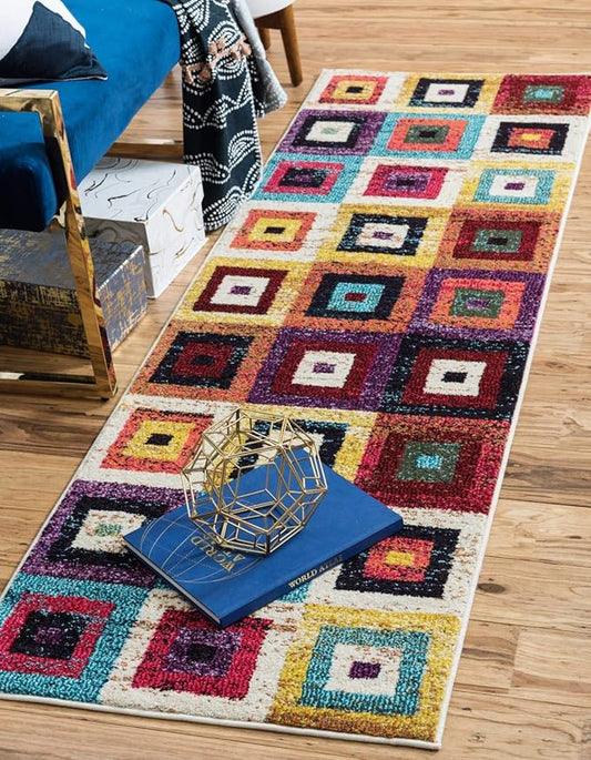 Unique Loom Estrella Collection Colorful, Geometric, Squares Modern, Abstract Area Rug (2' 7 x 10' 0 Runner, Multi/Beige)