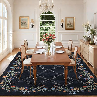 Garveehome 5x7 Washable Floral Area Rugs for Living Room: Modern Floral Non Slip Large Area Rugs for Bedroom, Large Machine Washable Living Room Low Pile Carpet with Non-Slip Backing Black 5 ft x7 ft.