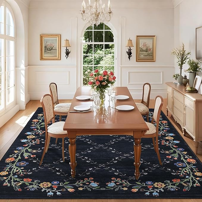 GarveeHome 9x12 Washable Floral Area Rugs for Living Room: Modern Floral Non Slip Large Area Rugs for Bedroom, Large Machine Washable Living Room Low Pile Carpet with Non-Slip Backing Black 9'x12'.