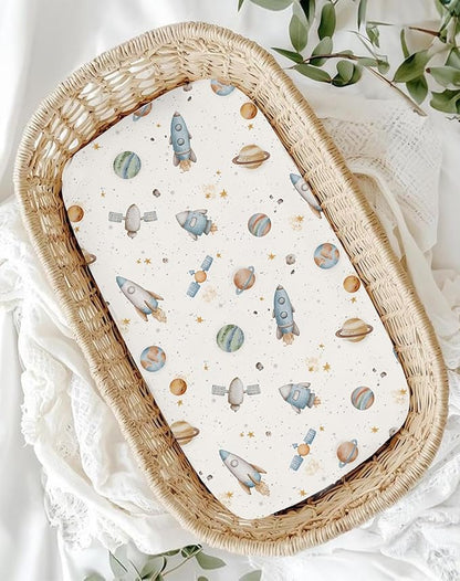 Bassinet Sheets for Baby Girls Boys 2 Pack, Fitted Baby Mattress Sheet for Rectangle, Oval, Hourglass Bassinet Mattress, Breathable Cozy & Universal Fit (Stellar Adventure)