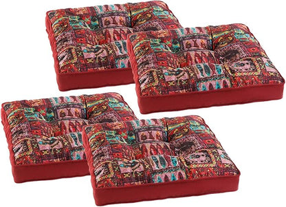 Bohemian Square Seat Cushions for Kitchen Dining Living Tea Room,16.5" x 16.5" Printing Velvet Chair Pads with Non-Slip Ties, 4Packs, Red