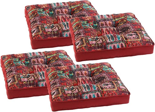 Bohemian Square Seat Cushions for Kitchen Dining Living Tea Room,16.5" x 16.5" Printing Velvet Chair Pads with Non-Slip Ties, 4Packs, Red