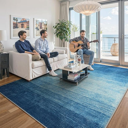 Wonnitar Modern Ombre Washable Area Rug, Blue 9x12 Large Living Room Rug, Non-Slip Soft Dining Room Rug for Under Table, Ultra-Thin Gradient Accent Carpet for Bedroom Mud Room (Blue, 9'x12')
