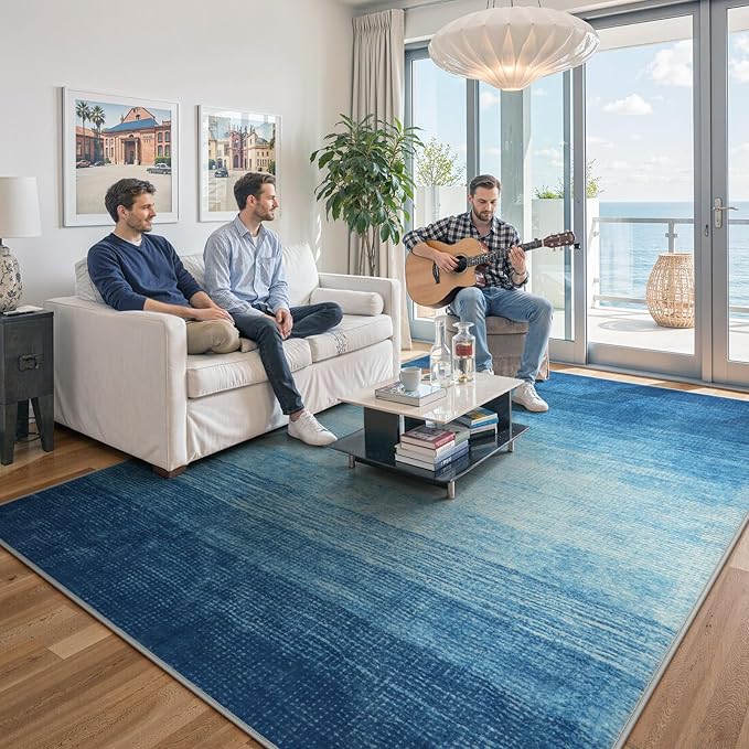 Wonnitar Modern Ombre Washable Area Rug 6x9, Blue Large Living Room Rugs, Non-Slip Soft Contemporary Dining Room Table Rug, Stain Resistant Floor Carpet for Mud Room Basement (Blue, 6'x9')
