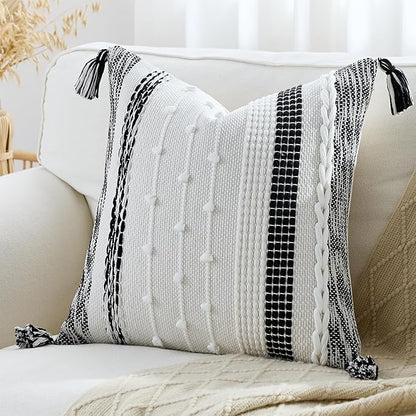 Boho Pillow Cover 18x18 Black - Handmade Woven Textured Throw Pillow Case with Cordings & Tassels, Decorative Accent for Couch Sofa Farmhouse Living Room Home Decor