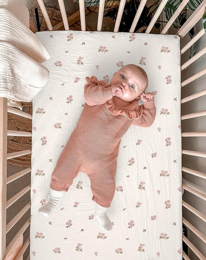 Bassinet Sheet for Baby Boy and Girl 2 Pack, Fitted Sheets for Rectangle, Oval, Hourglass Bassinet Mattress, Muslin Moses Basket Sheets with Neutral Style (Vintage Blossom & Pink)