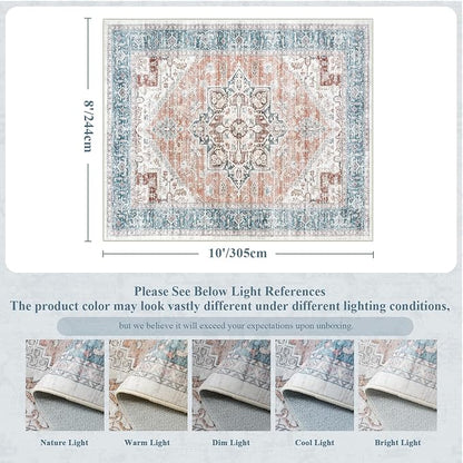 LIVEBOX 8x10 Washable Area Rug - Large Vintage Tribal Living Room Rug Oriental for Bedroom, Non-Slip Retro Medallion Carpet Print Distressed for Dining Room Guest Office
