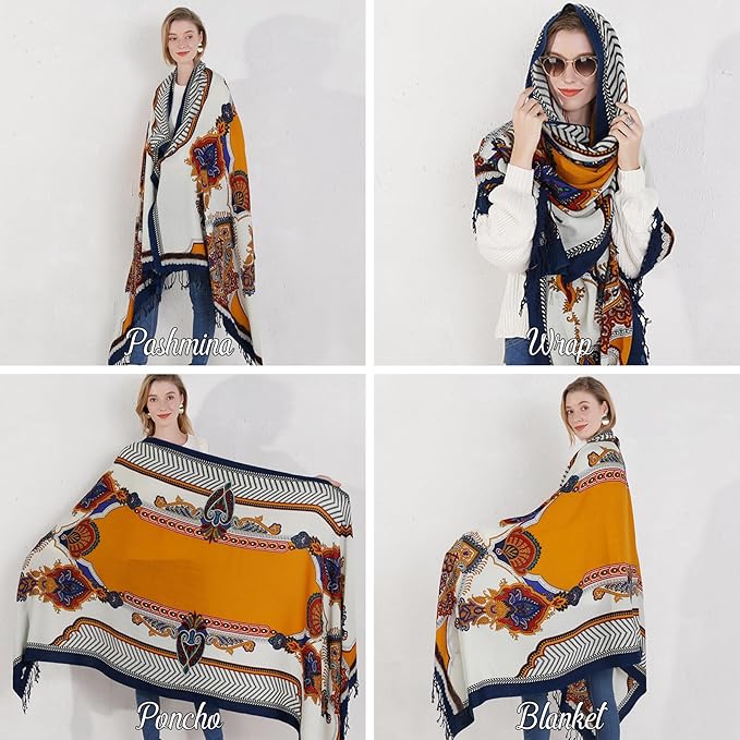 DANA XU 100% Merino Wool Extra Large Pashmina Blanket Travel Scarf Cashmere Wrap for Women Fall Winter Oversize Shawl Floral