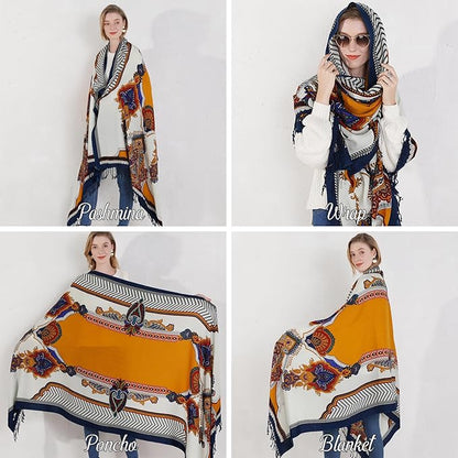 DANA XU 100% Merino Wool Extra Large Pashmina Blanket Travel Scarf Cashmere Wrap for Women Fall Winter Oversize Shawl Floral