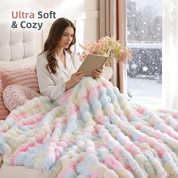 Smoofy Faux Fur Throw Blanket for Couch – Rainbow Fluffy Cozy Rabbit Fleece, Plush Soft Bubble Blanket for Sofa & Bed, for Mom, Warm Fuzzy Home Room Decor Throw 50" x 60"