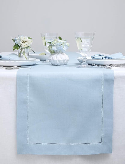 Solino Home Linen Sky Blue Table Runner 144 Inches Long - 100% Pure Linen Extra Long Table Runner 14 x 144 Inch for Christmas, New Year - Classic Hemstitch