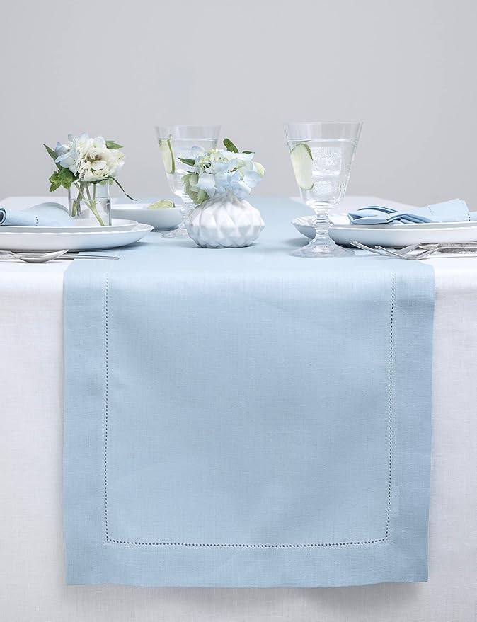Solino Home Linen Sky Blue Table Runner 48 Inches - Classic Hemstitch, 100% Pure Linen Coffee Table Runner 14 x 48 Inch Ideal for Dresser Tables - Holiday, Christmas, New Year
