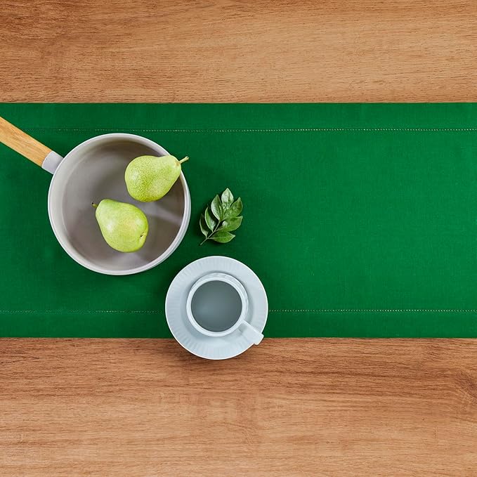 Solino Home Linen Garden Green Table Runner 144 Inches Long - 100% Pure Linen Extra Long Table Runner 14 x 144 Inch for Christmas, Winter, New Year - Classic Hemstitch