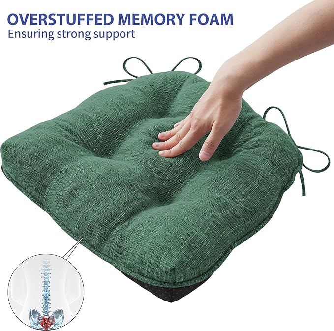 Chair Cushions for Dining Chairs Set of 4, Kitchen Chair Cushions, Chair Pads with Ties Non Slip Backing, Christmas Room Decor, Tufted Memory Foam Seat Cushion 4 Pack, 18"x18"x4", Dark Green