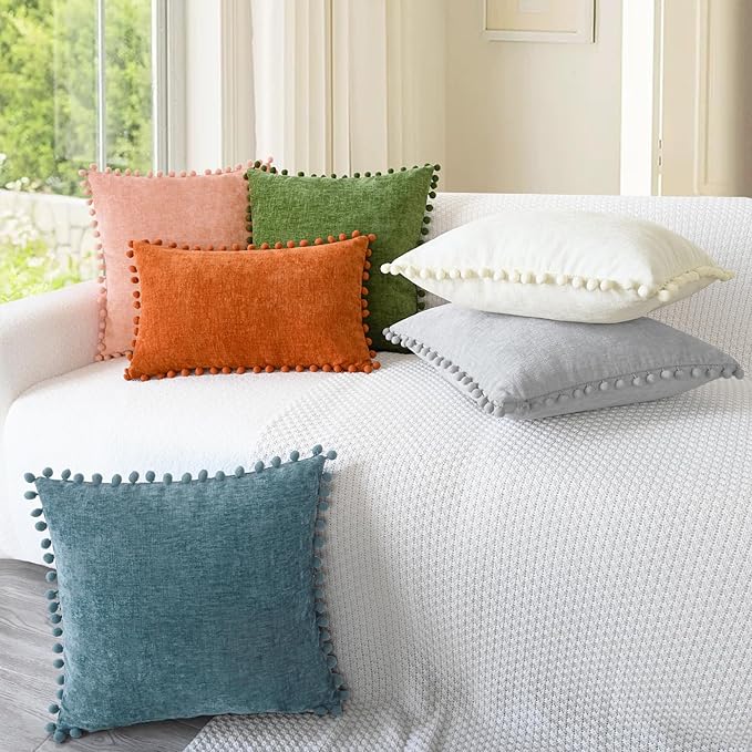 CaliTime Throw Pillow Covers Decorative 20 X 20 Inches Pack of 2 Cozy Solid Dyed Soft Chenille Cushion Cases with Pom Poms for Couch Sofa Bed Living Room Home Smoke Blue