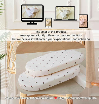SDY Jersey Cherry Bassinet Sheets for Baby Girls,32 "x 16 "x 4", 2 Pack,Pink Cute Kawaii Standard Oval/Retangle Fitted Bassinet Sheets for Toddler,Super Soft Breathable