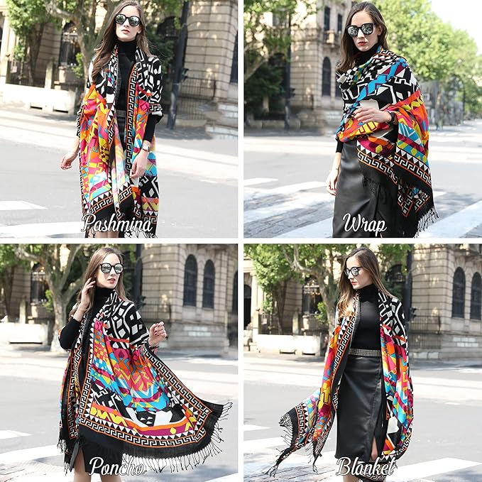 DANA XU 100% Merino Wool Pashmina Shawl for Women 96"x43", Oversized Cashmere Wrap with Tassels, Floral Travel Blanket Cape